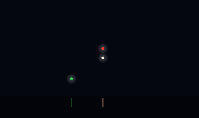 Navigation lights of a vessel fishing (other than trawling) at night, seen from her starboard bow: red all-round light (upper), white all-round light (lower), green sidelight (when making way)