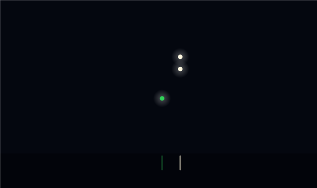 Navigation lights of a vessel towing astern at night, seen from her starboard bow: white masthead light (lower of the vertical pair), white masthead light (upper of the pair; three when the tow exceeds 200 m), green sidelight (starboard)